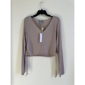 Good Luck Gem Women's Side Tie Long Sleeve Ribbed Crop Top In Mocha Size XL